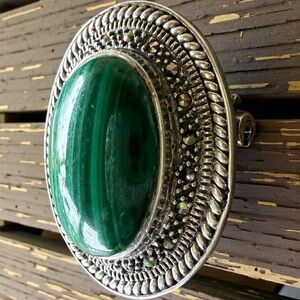 Vintage  Sterling  silver 925 brooch Malachite Marcasite